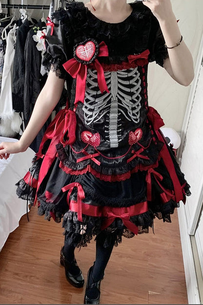 【11月4日予約締切】Blue-Black/Red-Black/Purple-Black Gothic Lolita Puff-Sleeve Lace Bow Doll Dress With Bone Embroidery Apron