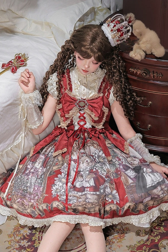 [Date limite de précommande : 7 août] Ensemble complet robe JKS vintage rouge à imprimé lapin histoire avec ruban antique + chemise à volants + manchettes lacées