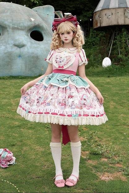 [Pre-order Deadline: July 1] Pink x Green Alice Cat Sweet Lolita Puff Sleeve OP Dress (with Ribbon Apron and Playing Card Motif Waist Belt)