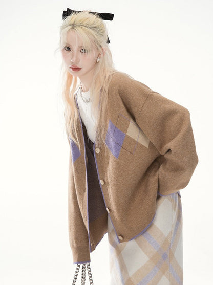 Brownie Camel Retro Loose Sweater V-Neck Cardigan