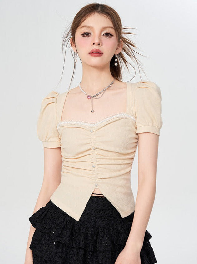 Sweet Spicy Puff Sleeve Waterfall Hem Top