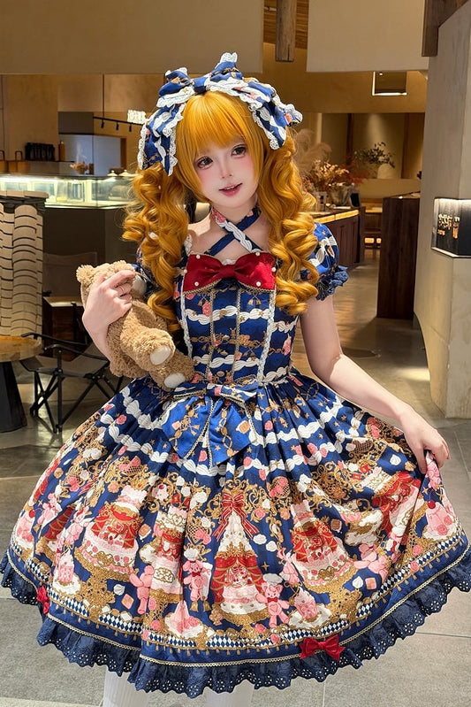 【4月26日予約締切】レトロロマンスイートロリータリボンケーキプリントホルターネックドレス