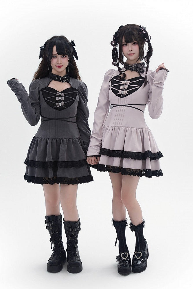 [Reservierungsschluss 28. September] Pink x Schwarz/Grau x Schwarz Gothic-Kleid mit herzförmigem Ausschnitt, Gürtelkragen, Spitzenbesatz und Schleifendetail