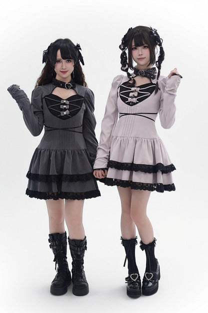 [Reservierungsschluss 28. September] Pink x Schwarz/Grau x Schwarz Gothic-Kleid mit herzförmigem Ausschnitt, Gürtelkragen, Spitzenbesatz und Schleifendetail