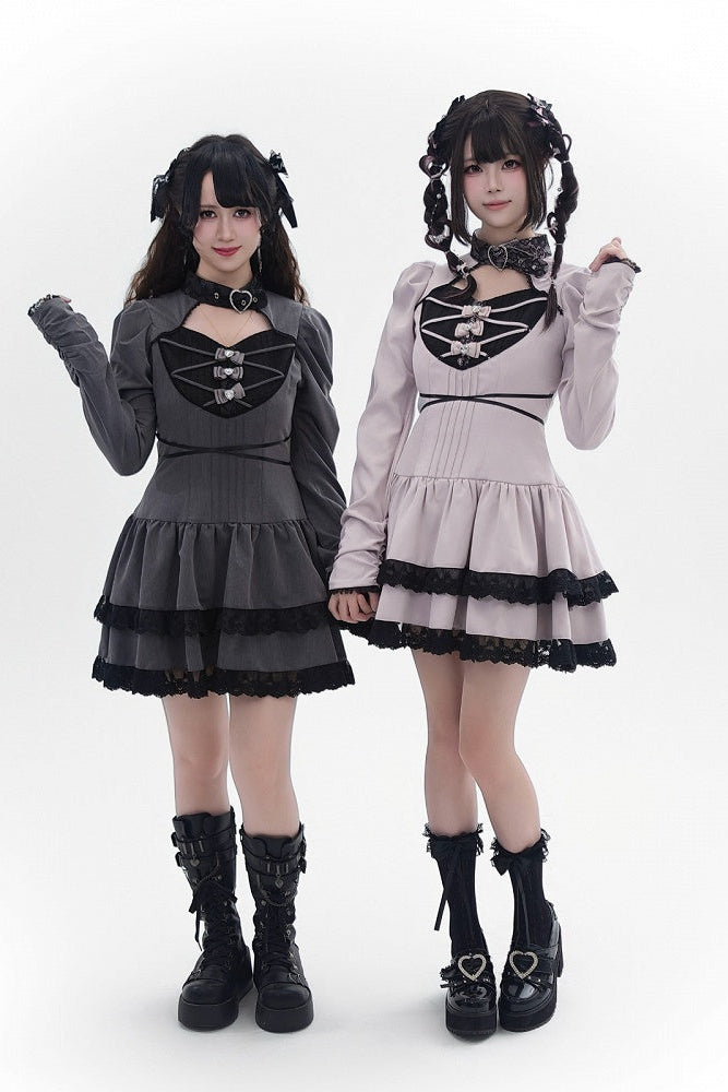 [Reservierungsschluss 28. September] Pink x Schwarz/Grau x Schwarz Gothic-Kleid mit herzförmigem Ausschnitt, Gürtelkragen, Spitzenbesatz und Schleifendetail