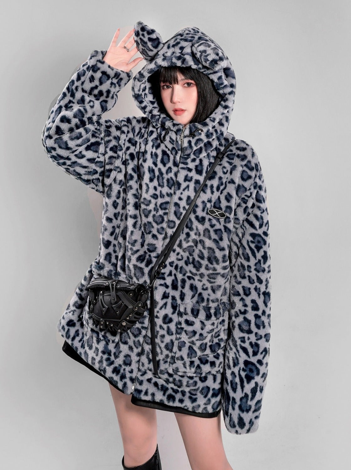 Cat Ear Leopard Fur Coat with Hood