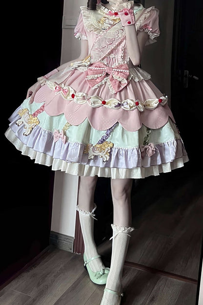 【8月20日予約締切】ピンク×パステルスイートロリータエンブロイダリーフリルリボンティアードドレス