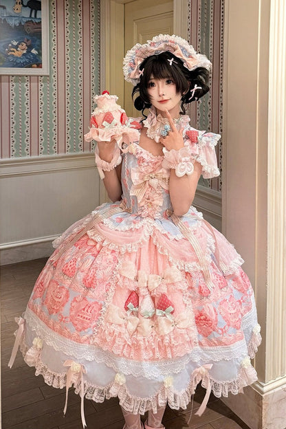 [Reservierungsschluss 26. Juni] Erdbeer-Sweet-Lolita-JKS-Kleid mit Spitze, Flatterärmeln, hochgezogenem Design und Tülllagen