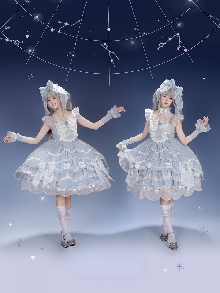 [Clôture des précommandes le 923] Robe JSK classique lolita bleu clair/bleu foncé à broderies d’étoiles célestes, rubans et jupe à volants asymétrique