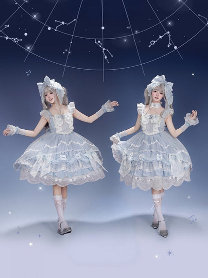 [Clôture des précommandes le 923] Robe JSK classique lolita bleu clair/bleu foncé à broderies d’étoiles célestes, rubans et jupe à volants asymétrique