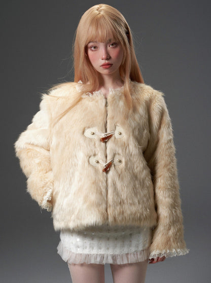 Gradient Beige Lace Stitching Horn Button High Collar Jacket