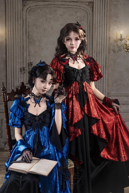 [Date limite de précommande: 105] Robe empire gothique élégante à volants cascade rouge/bleu [courte/longue] + ensemble robe complet (châle, broche papillon, chaîne de taille, traîne à nœud au dos)