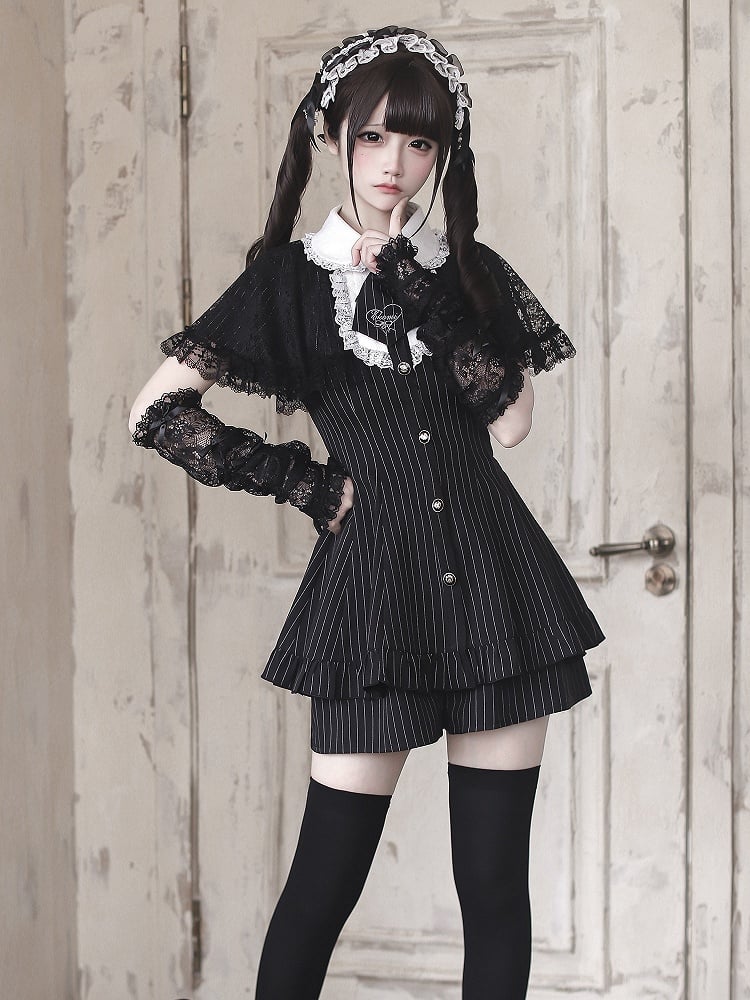 [Bestellfrist 15. Mai] Schwarzer Nadelstreifen-Spitzen-Umhang-Design-Stehkragen-Kleid-Anzug-Komplett-Ensemble + Accessoires