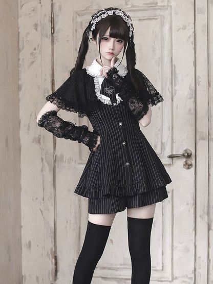 [Bestellfrist 15. Mai] Schwarzer Nadelstreifen-Spitzen-Umhang-Design-Stehkragen-Kleid-Anzug-Komplett-Ensemble + Accessoires