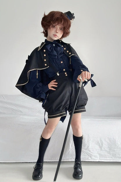 [Date limite de réservation : 13 septembre] Ensemble élégant prince bleu foncé/blanc en quatre pièces [chemise à volants, gilet, short, 4 rubans]