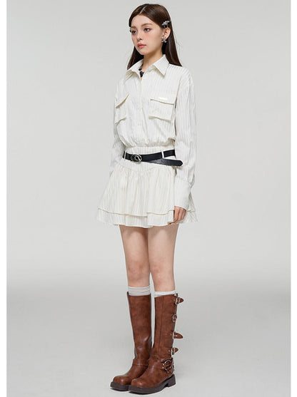 Romantic White Waist Slim Striped Shirt Dress