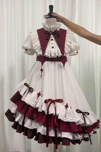 【8月29日予約締切】White x Burgundy / Blue x Black Gothic Doll Lolita Witch Asymmetrical Ruffle Dress Full Set （with Pointed Collar + Bow Tie + Waist Belt）