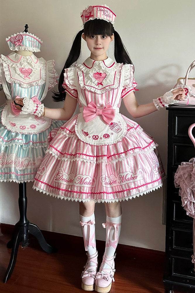 【6月18日予約締切】ピンク/ ブルー/ブラックスイートメイドロリータキャンディストライプティアードドレス＋ドレスセット1/2/3