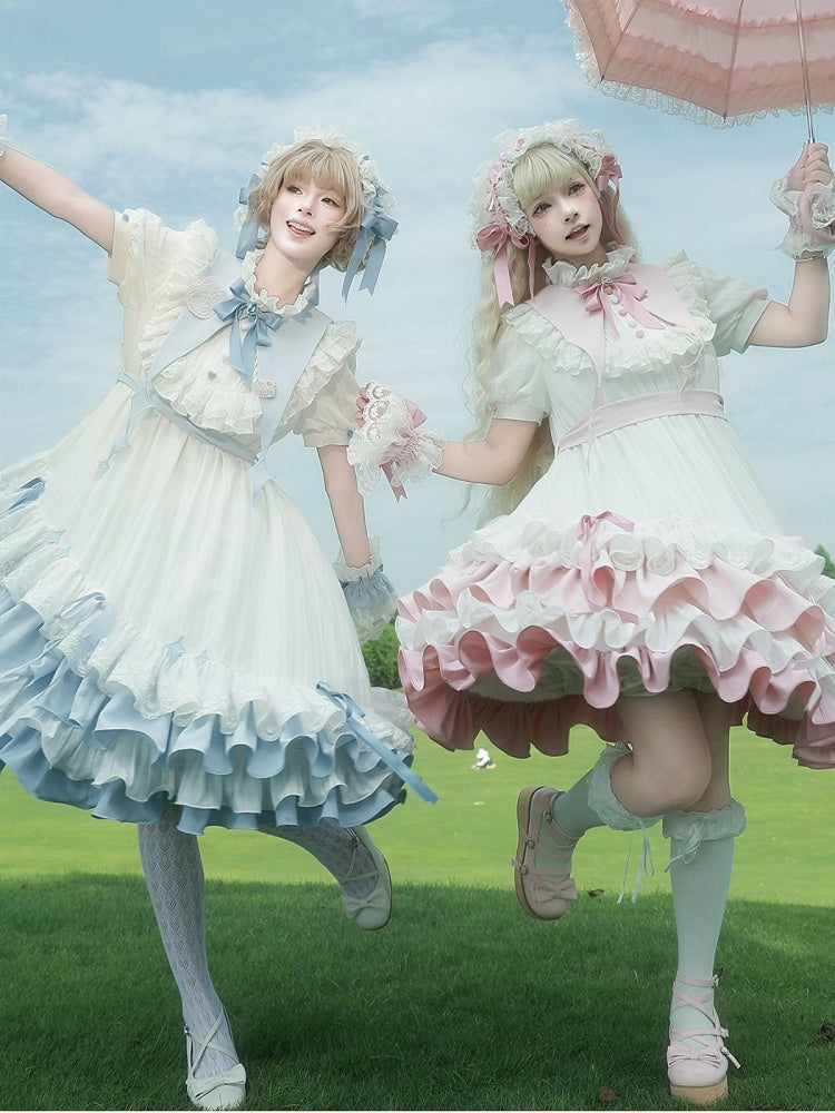 【8月29日予約締切】Blue x White/ Pink x White Doll Sweet Lolita Asymmetrical Ruffle Dress Full Set （with Pointed Collar + Bow Tie + Waist Belt）