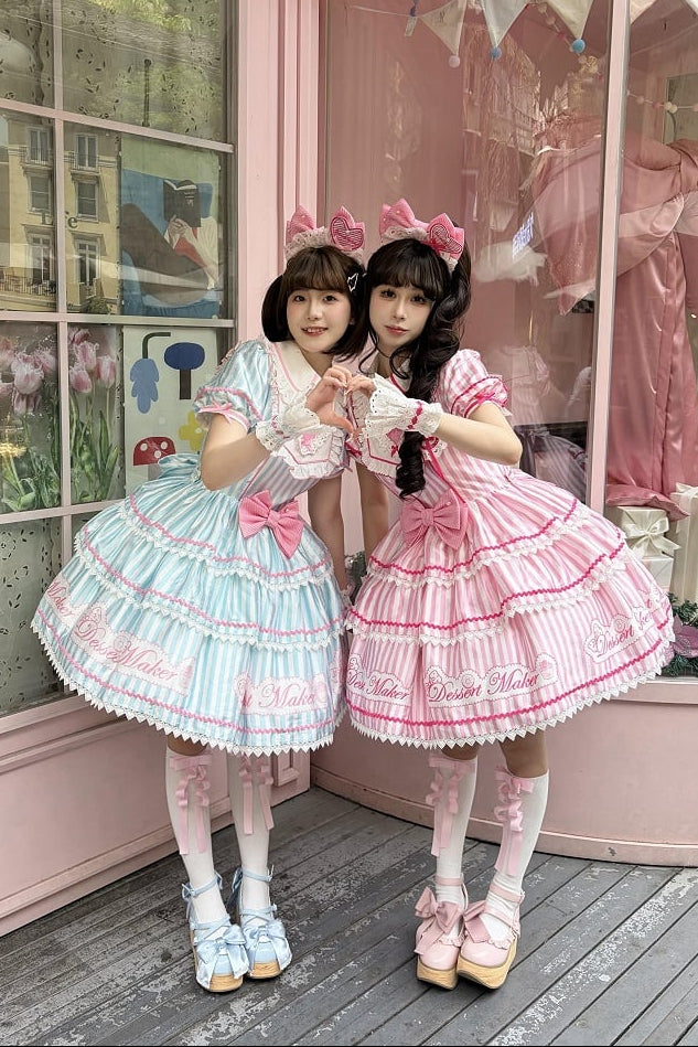 【6月18日予約締切】ピンク/ ブルー/ブラックスイートメイドロリータキャンディストライプティアードドレス＋ドレスセット1/2/3