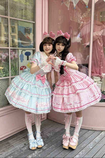 【6月18日予約締切】ピンク/ ブルー/ブラックスイートメイドロリータキャンディストライプティアードドレス＋ドレスセット1/2/3