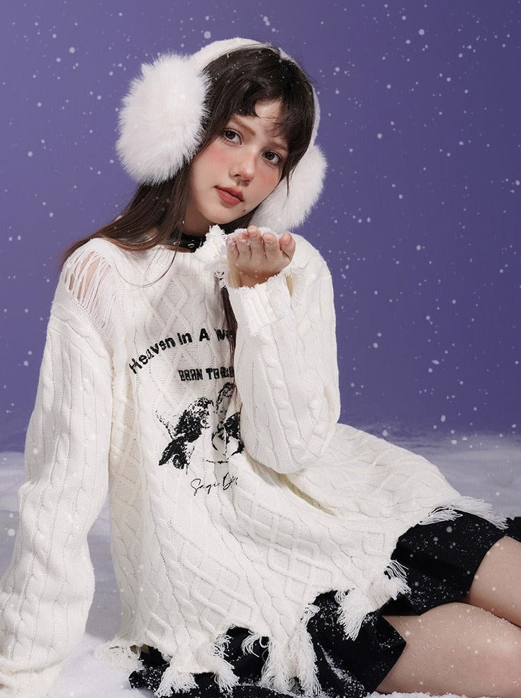 Sweet Cool Milk White Angel Print Damaged Knit