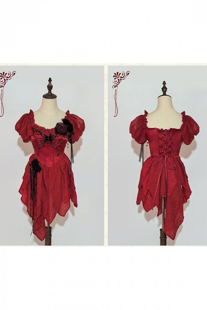 【10月28日予約締切】Red Butterfly Gothic Lolita Puff Sleeve Dress Top + Layered Ruffle Asymmetrical Hem Skirt Set (With Chest Brooch + Waist Brooch)