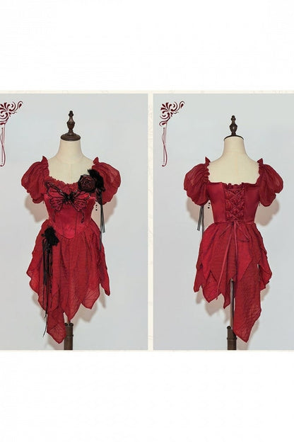 【10月28日予約締切】Red Butterfly Gothic Lolita Puff Sleeve Dress Top + Layered Ruffle Asymmetrical Hem Skirt Set (With Chest Brooch + Waist Brooch)
