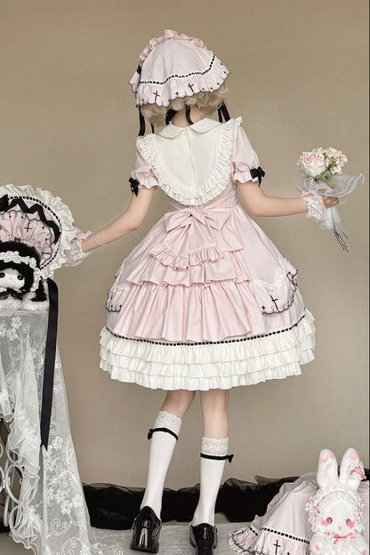 【10月4日予約締切】Pink Gothic-Inspired Sweet Lolita Ribbon Ruffle Dress＋Cross Embroidery Ribbon Cape