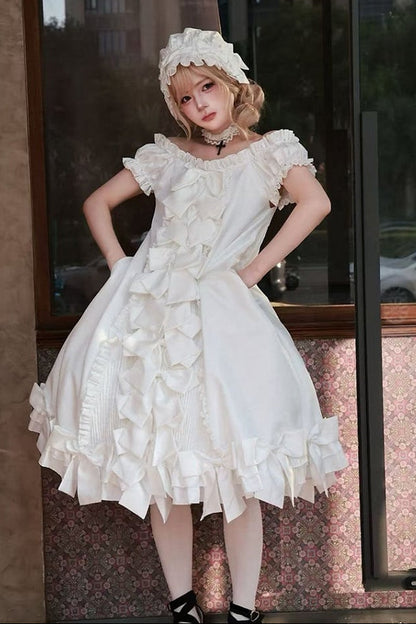 [November 15 Reservation Deadline] White Doll Style Front & Back Two-Way Ruffle Ribbon Lolita Dress (Short/Long) + Matching Shorts (Short/Long) + BB Hat