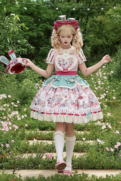 [Pre-order Deadline: July 1] Pink x Green Alice Cat Sweet Lolita Puff Sleeve OP Dress (with Ribbon Apron and Playing Card Motif Waist Belt)