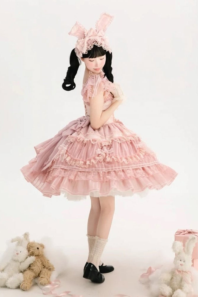 【6月20日予約締切】ピンク/ブルースイートラビットリボンフェアリープリンセスレースティアードJKSドレス