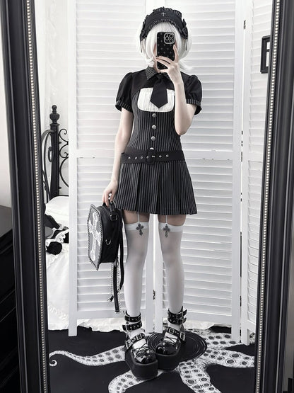 【4月29日予約締切】ブラックピンストライプタイカラーショートジャケットドレスフルセット＋ジュエルキャスケット