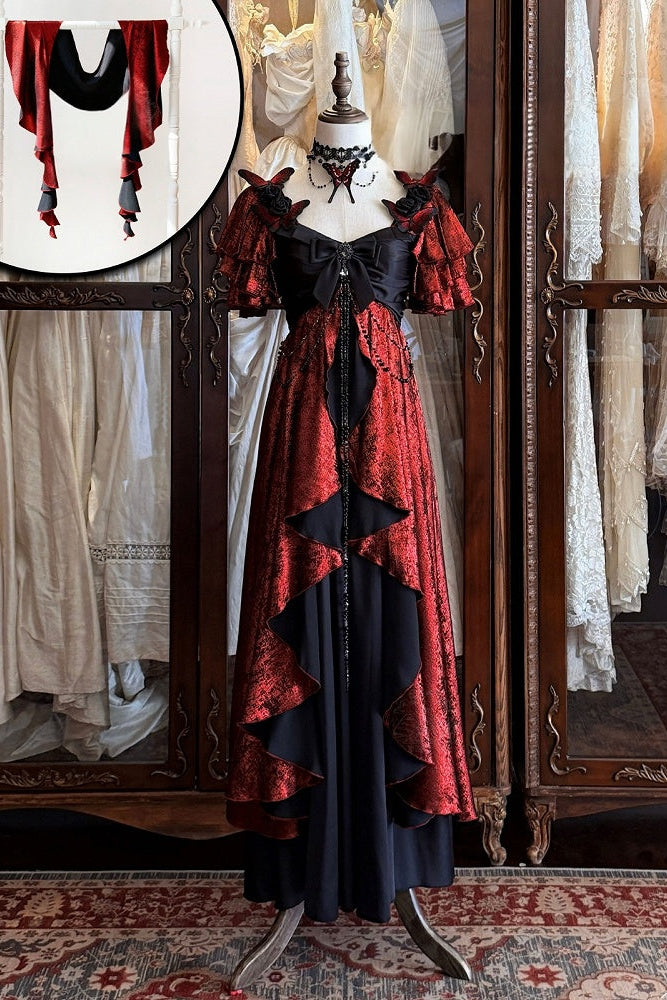 [Date limite de précommande: 105] Robe empire gothique élégante à volants cascade rouge/bleu [courte/longue] + ensemble robe complet (châle, broche papillon, chaîne de taille, traîne à nœud au dos)