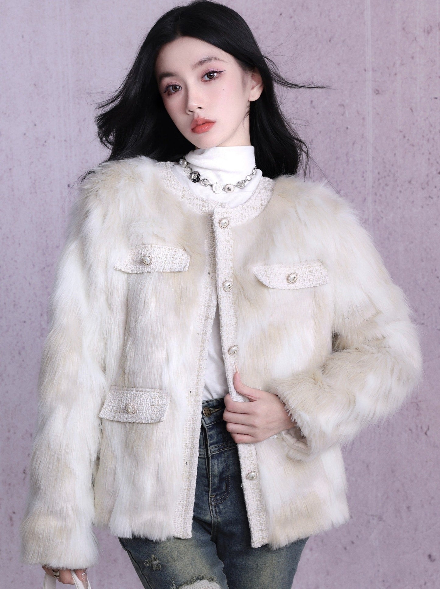 Milky Marble Fur Over Snow Jacket