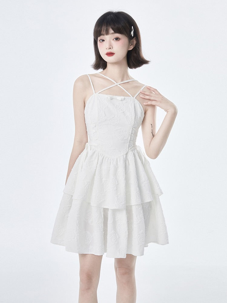 Rose Texture White Cross Suspender Tea Dress