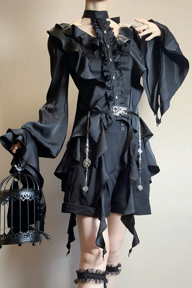 [November 9 Preorder Deadline] Victorian Gothic Lolita Halter-Neck Blouse with Flared Sleeves, an Asymmetrical Frill, and a Train