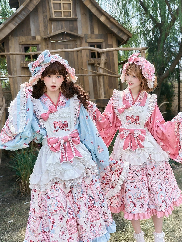 【10月21日予約締切】Pink/Blue Hanfu-inspired Little Lamb Tea Party Lace Wide Sleeve Blouse + Printed Ruffle Skirt + Pleated Mamian Skirt + Strawberry Embroidered Ribbon Lace Apron