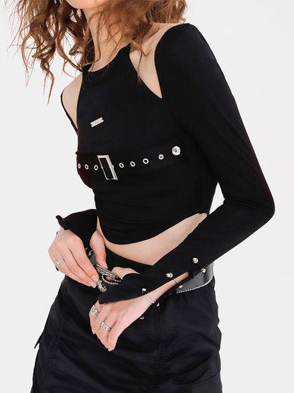 Spicy Hanging Neck Eyelet Belt Design Short Top