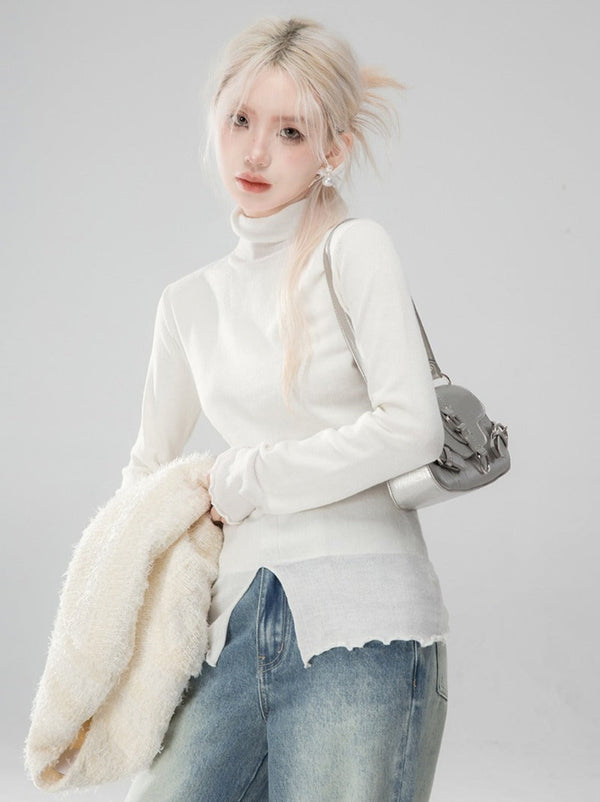 Romantic Ruffle Slim Slit Design Turtleneck Knit Top