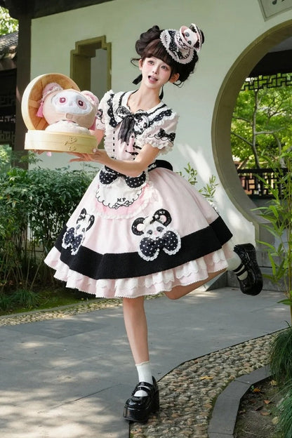 [Pre-order Deadline: October 25] Pink/Green Chinoiserie Lolita Sweet Panda Appliqué Puff Sleeve Polka Dot Bow Apron Dress