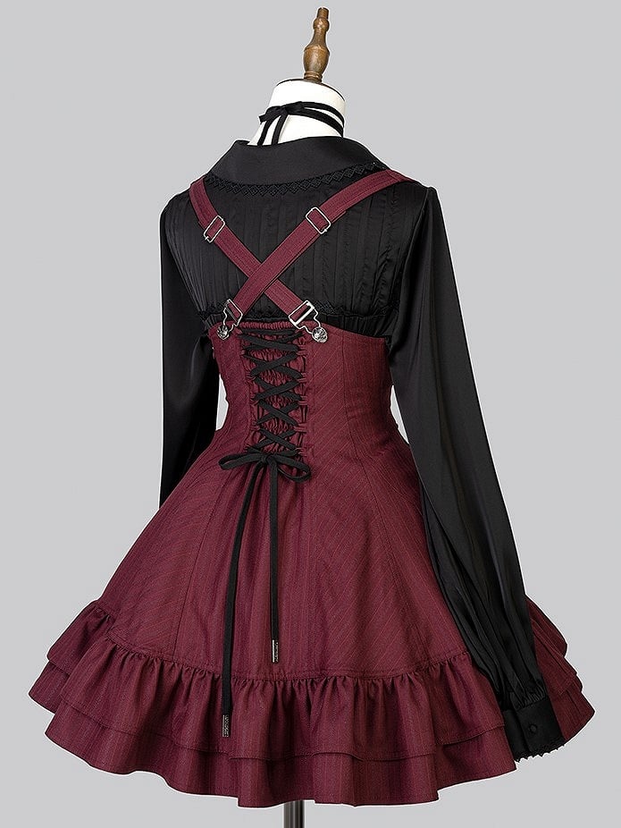 【12月29日予約締切】ゴシックロリータダークカラーストライプバッククロスフリルサスドレス