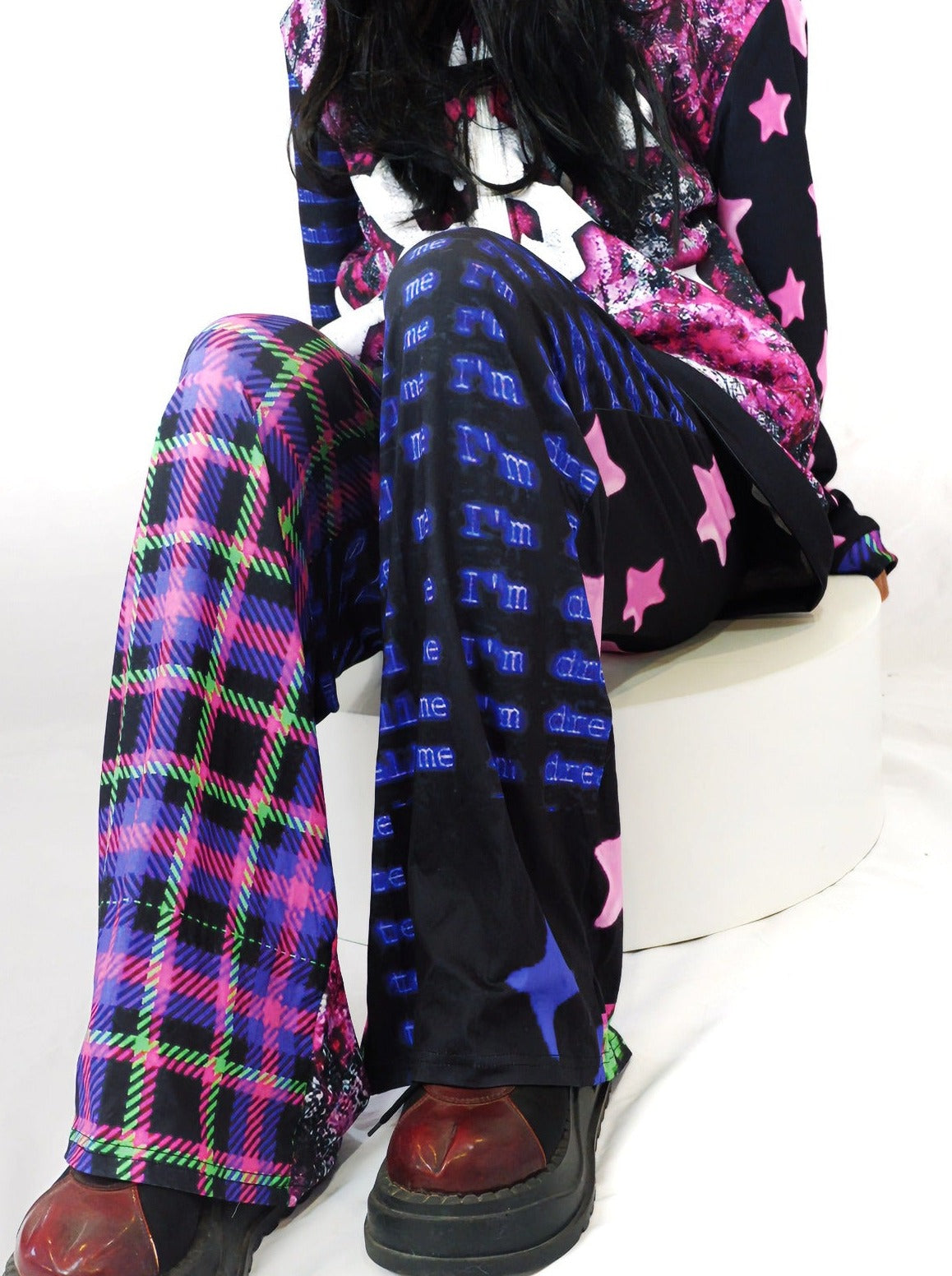 Asymmetrical Skull Check Street Mop Loose Wide Leg Pants