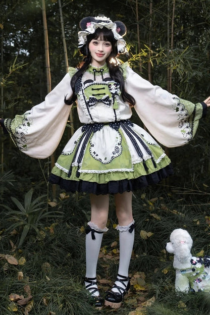 [Pre-order Deadline: October 25] Pink/White/Green Chinoiserie Lolita Sweet Panda Polka Dot Lace Apron Ruffle OP Dress