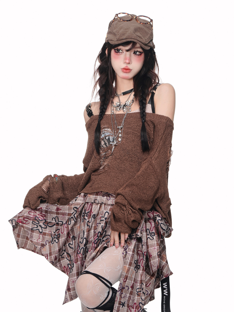 Brown Knit Cut Out Tops Set