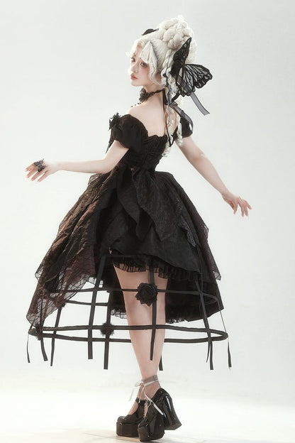 【10月28日予約締切】Black Butterfly Gothic Lolita Puff Sleeve Dress Top + Layered Ruffle Asymmetrical Hem Skirt Set (With Chest Brooch + Waist Brooch)