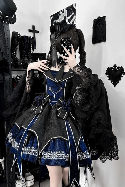[Pre-order Deadline: April 11] Blue Red Noir Dark Gothic Lolita Jacket Dress Princess Sleeve Full Set + Matching Set