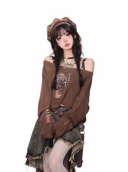 Brown Knit Cut Out Tops Set