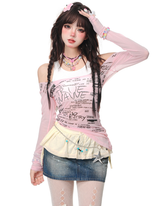 フェイクツーピースシアー ホルターネックトップス