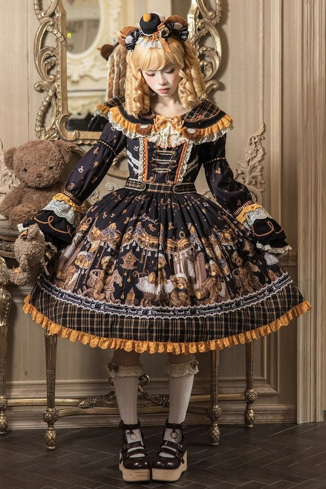 [Reservierungsschluss 8. September] Classic Bear Lolita-Stufenkleid mit weißem Kragen, Karomuster, Spitze und Schleife+Vintage-JSK-Kleid mit Teddybär-Print und Spitze+Vintage-Lolita-Kleid mit Teddybär-Print, Karokragen und klassischem Karomuster
